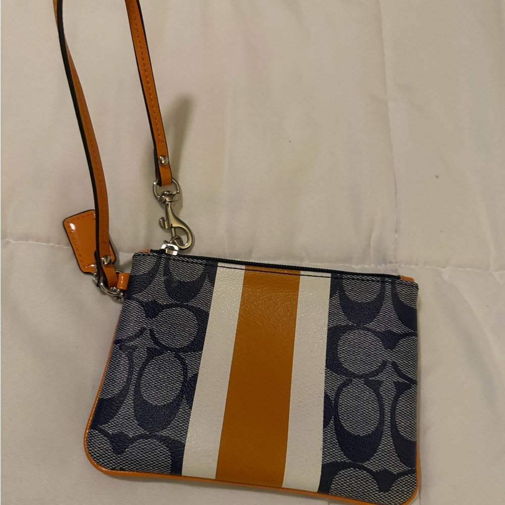 Coach Signature Navy and Orange Wristlet